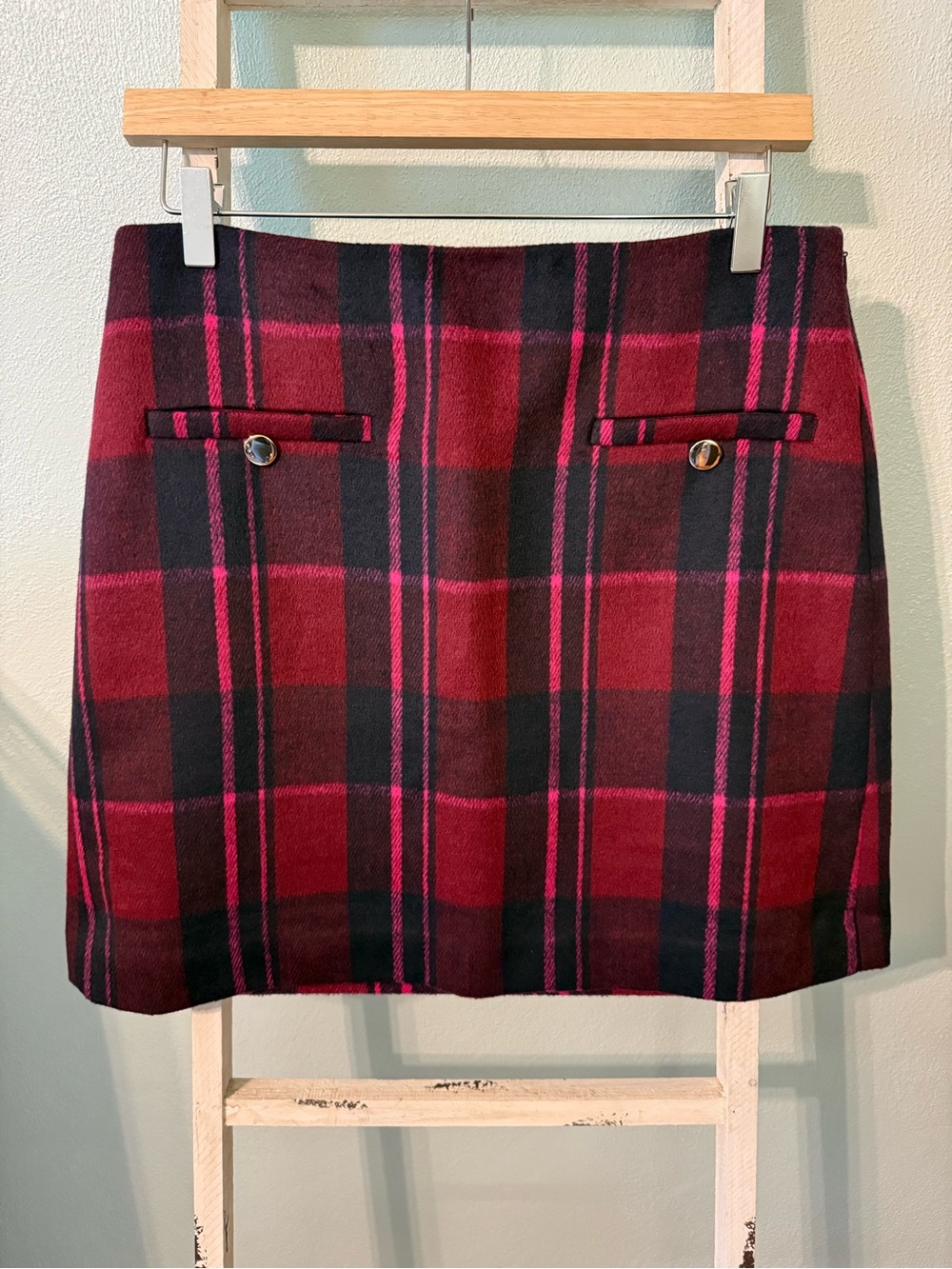 NWT LOFT Plaid Tartan Wool Blend Mini Skirt Red Pink Navy Size 6 Women